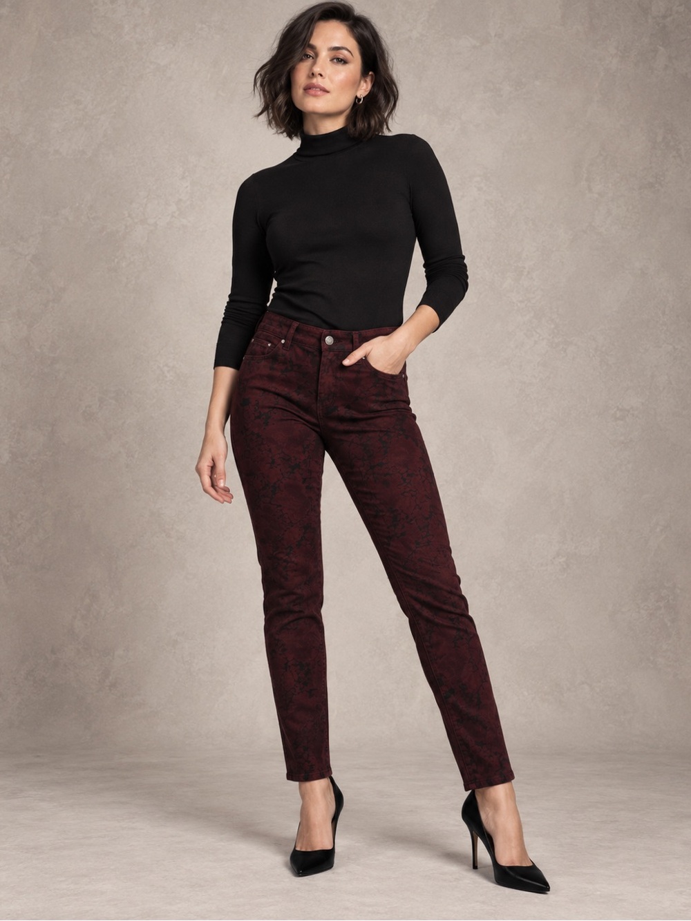 Ann Taylor Burgundy Black Floral Skinny Jeans Modern Fit Stretch Petite 8P NWOT